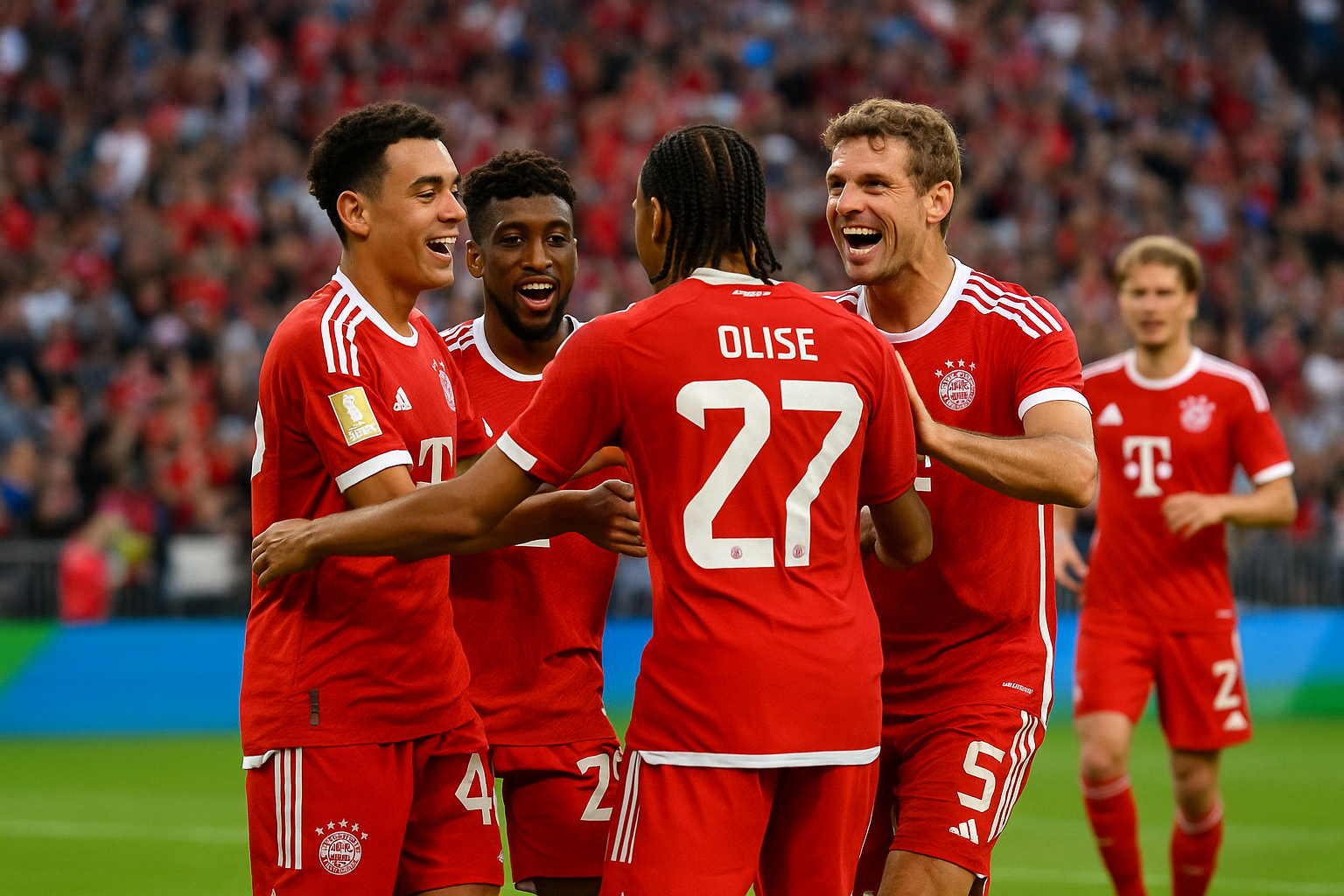 Players of Bayern Munich celebrate a goal during the 2025 FIFA Club World Cup group stage match