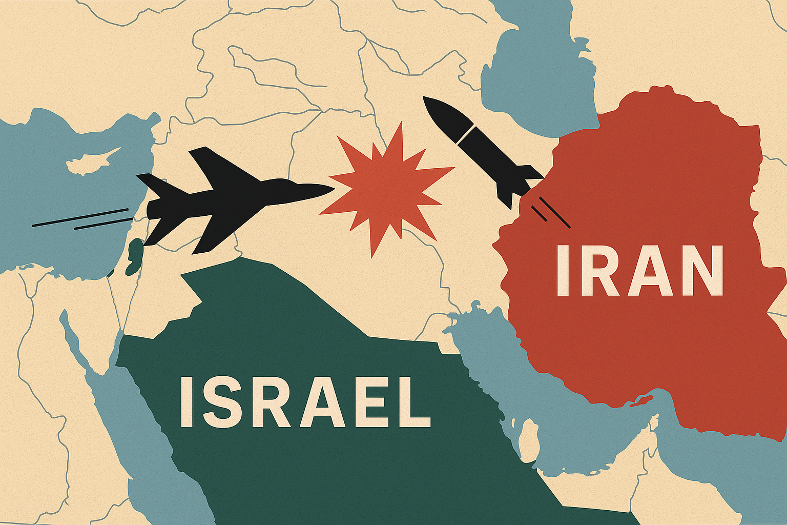 A symbolic map representing the escalating tensions between Israel and Iran, illustrated through opposing military elements.