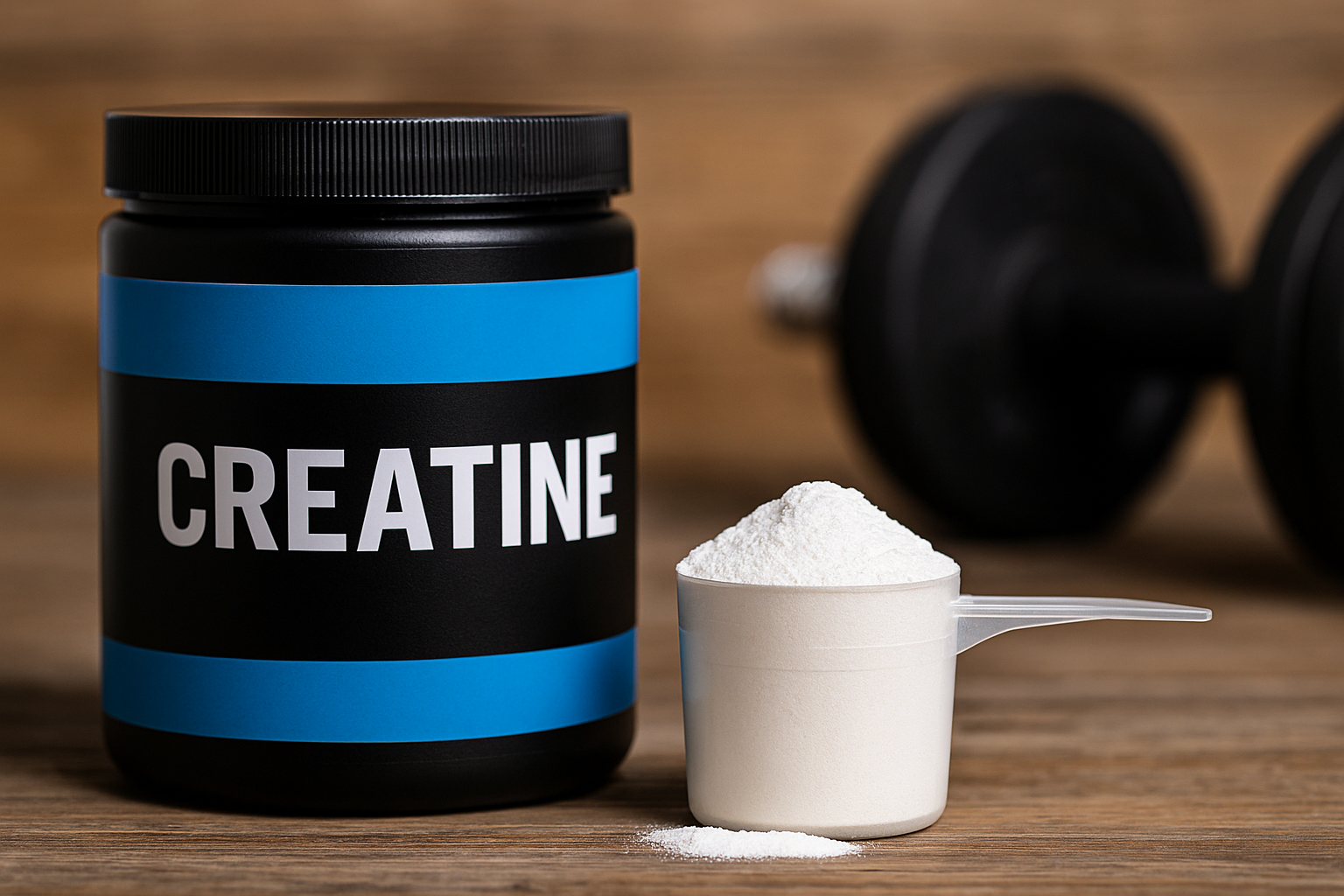 A close-up of creatine powder and supplement container, symbolizing strength, recovery, and athletic performance support.
