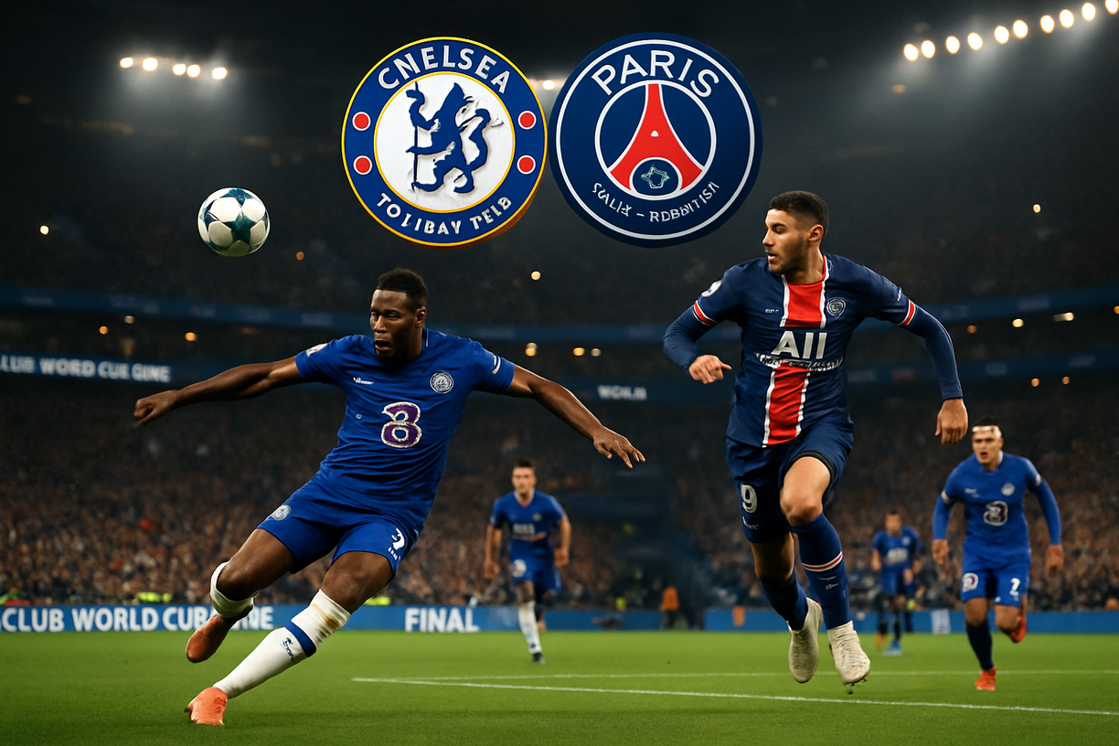 A thrilling moment from the 2025 Club World Cup Final between Chelsea and Paris Saint-Germain. This image encapsulates the high stakes and fierce competition as both teams vie for global supremacy. Relive the highlights and key plays in our full recap.