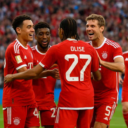 Players of Bayern Munich celebrate a goal during the 2025 FIFA Club World Cup group stage match