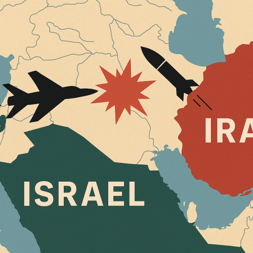 A symbolic map representing the escalating tensions between Israel and Iran, illustrated through opposing military elements.