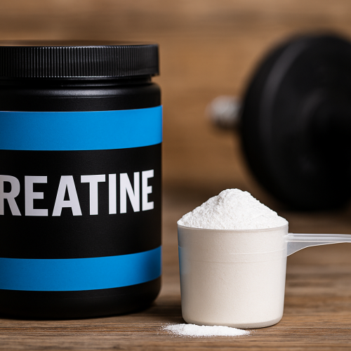A close-up of creatine powder and supplement container, symbolizing strength, recovery, and athletic performance support.
